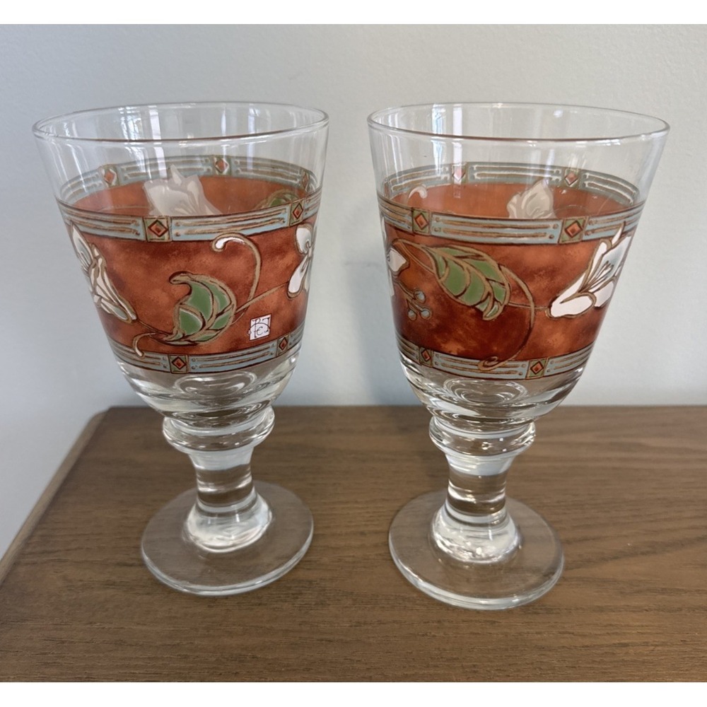 Pfaltzgraff Mission Flower 2 Water Goblets Ice Tea Glasses Libby 7" Craftsman